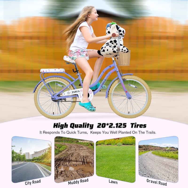 Multiple Colors,Girls Bike With Basket For 7-10 Years Old Kids,20 Inch Wheel,No Training Wheels Included