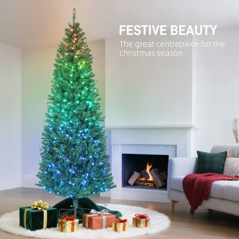 HOMCOM 6ft Prelit Xmas Tree: Colorful LED, Remote, 12 Modes, Timer, Slim Fir, Green