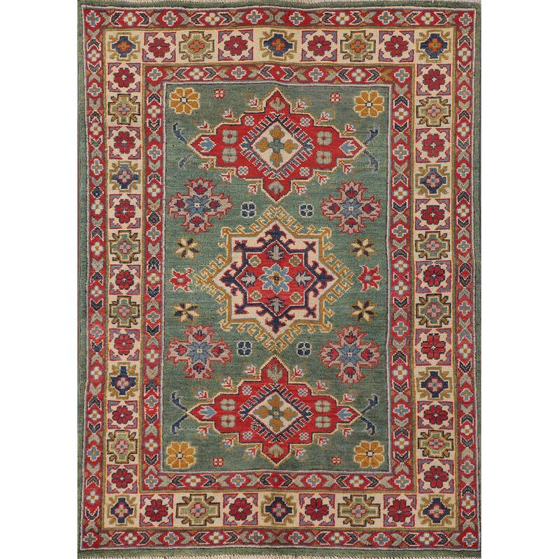 Green Geometric Kazak Accent Rug Handmade Oriental Wool Carpet - 3'4"x 4'10"