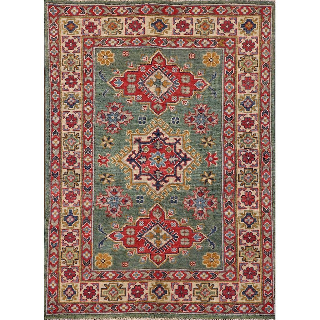 Green Geometric Kazak Accent Rug Handmade Oriental Wool Carpet - 3'4"x 4'10"