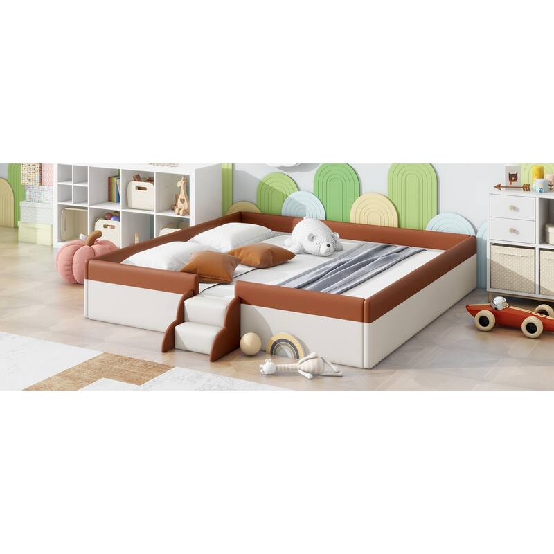 Roomfitters Twin/Full/Queen/King Size Upholstered Daybed Frame with Safety Fence and Stairs, PU Fabric Platform Bed with Slats