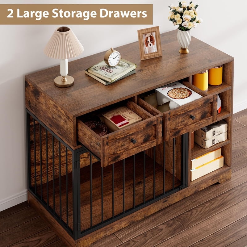 Wooden Dog Cage Furniture Indoor Crate Kennel TV Stand with Drawers Shelves