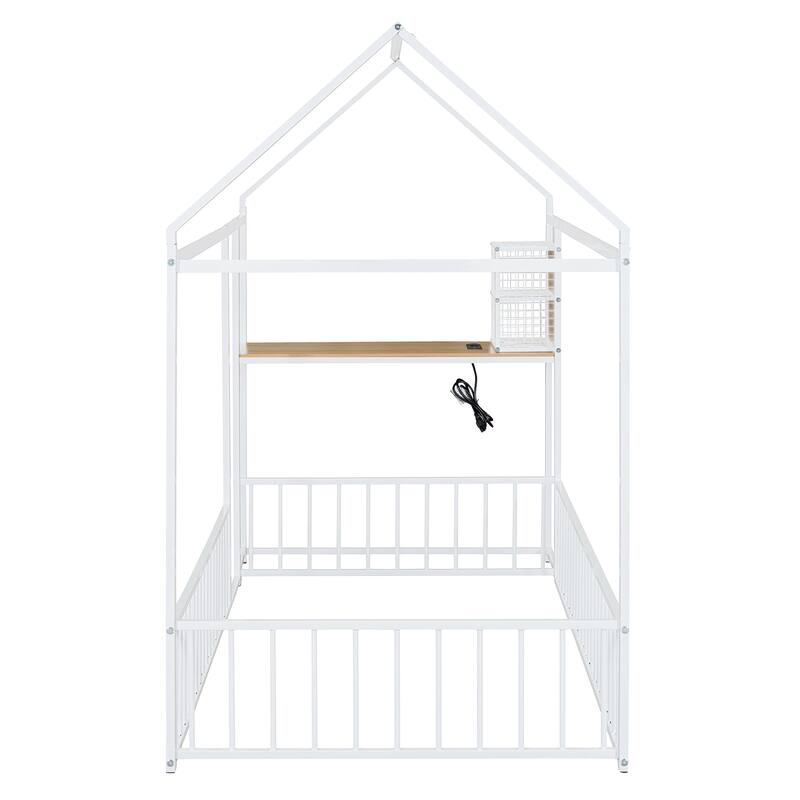 House Bed with Desk and Storage - Twin/Full Metal Frame with USB Ports, Power Outlets, and Shelves
