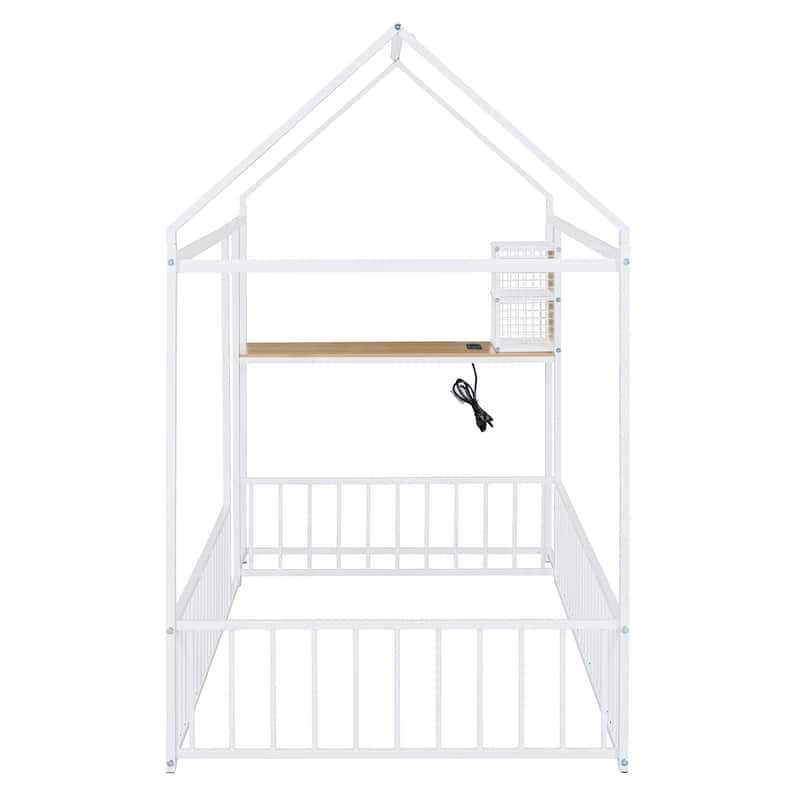 Twin Size Metal Bed House Bed Frame with Desk, Shelves, Power Outlets and USB Ports, White