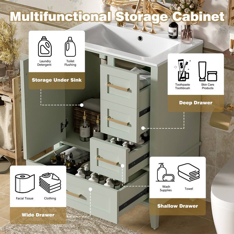 24.8" Bathroom Vanity with Ceramic Sink, Freestanding Cabinet with Soft-Close Door and 3 Drawers, Modern Style