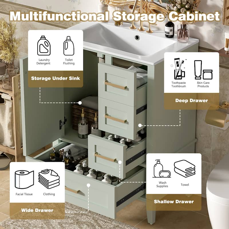 24.8" Bathroom Vanity with Ceramic Sink, Modern Freestanding Cabinet Featuring Soft-Close Door, Deep Drawer