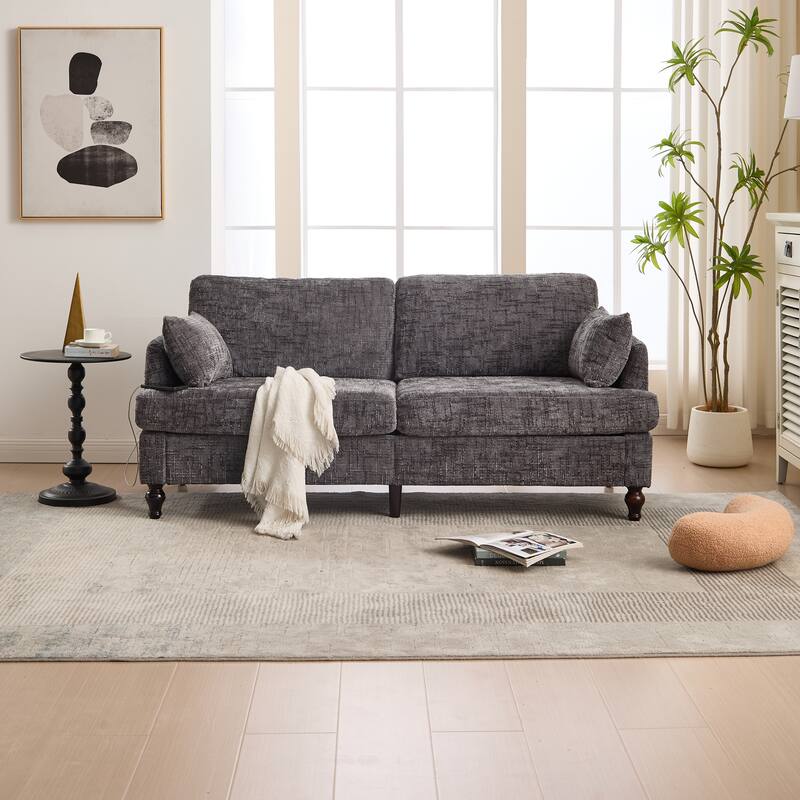 Modern Style Chenille 2-Seater Wood-Legged Sofa With Led Light,USB Charging Port And Storage Bag Living Room Bedroom Study Room