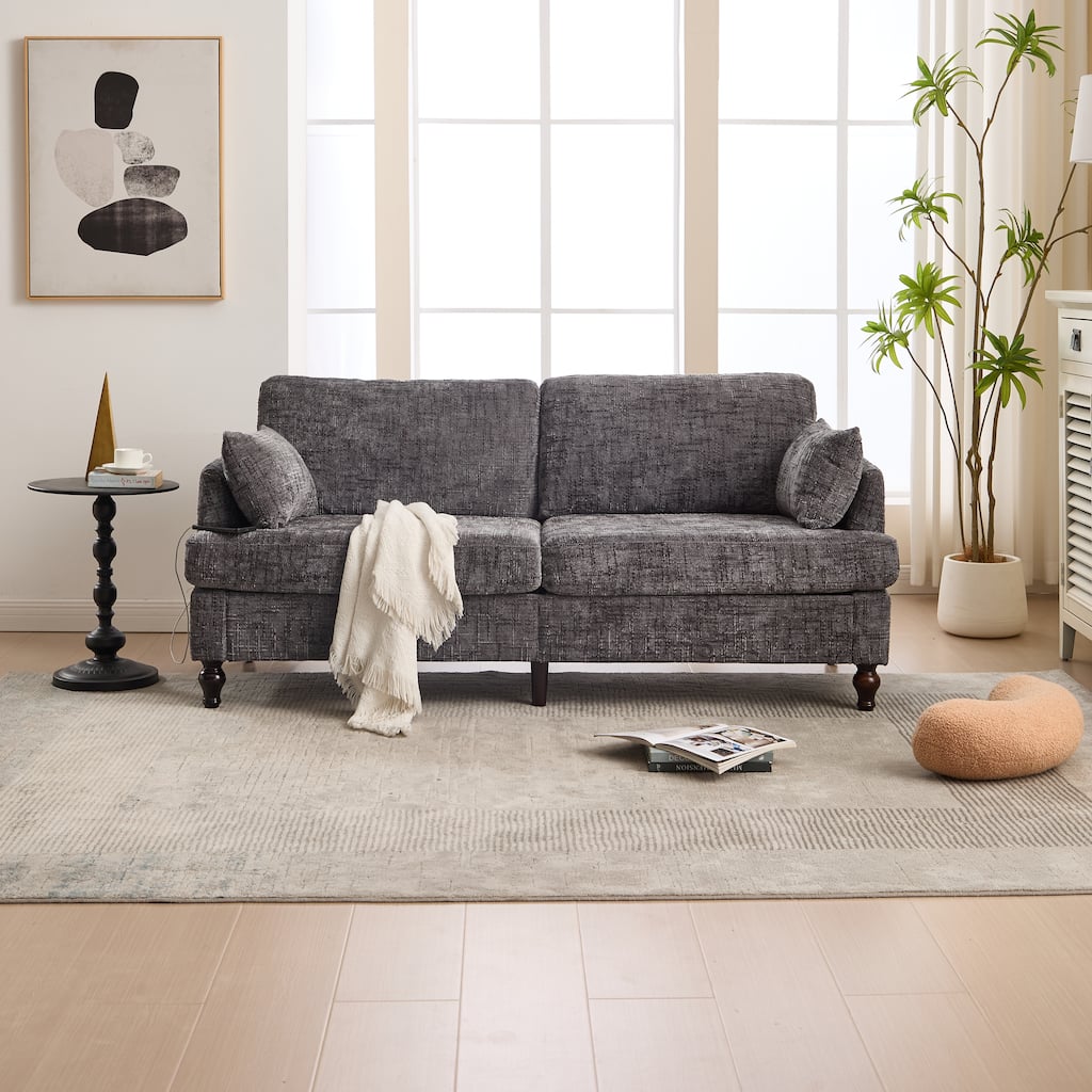 Multifunctional Sofa Couch Loveseat with Lights & Side Pocket, Gray 2-Seater Sofa Couch with Charging Port