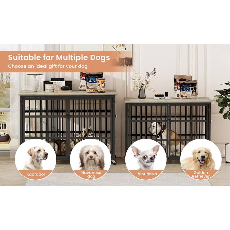 Decorative Pet House, Dog Crate Furniture with Iron Frame Door and wheels