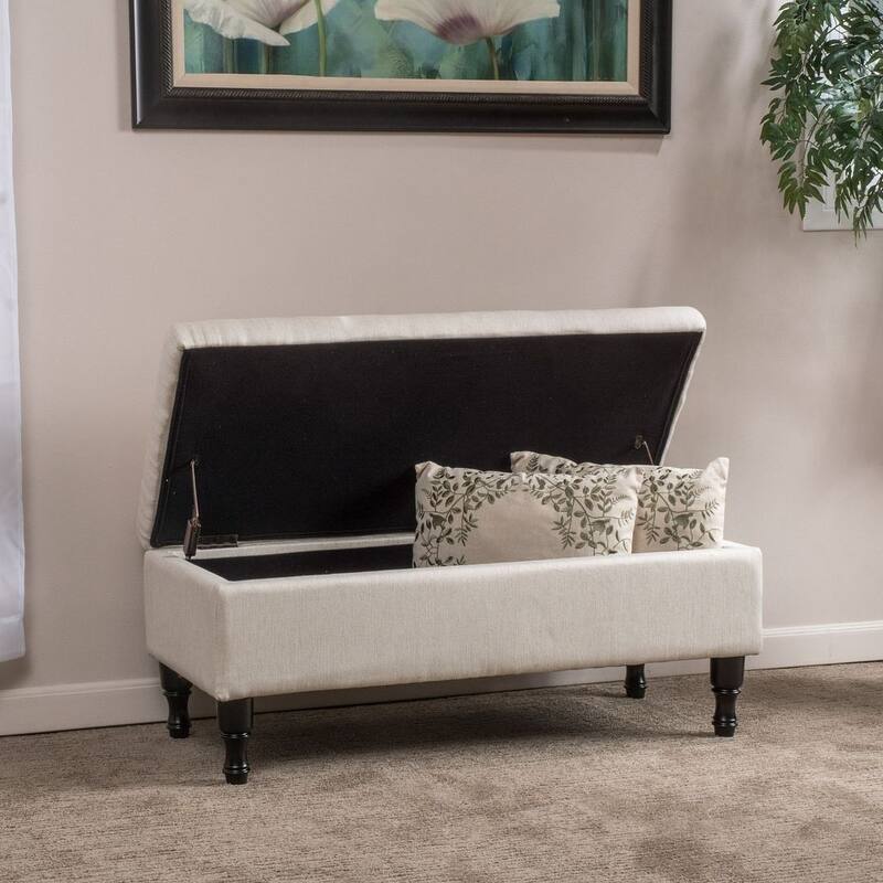 Linen Suede Storage Ottoman with Dark Wood Legs by Christopher Knight Home