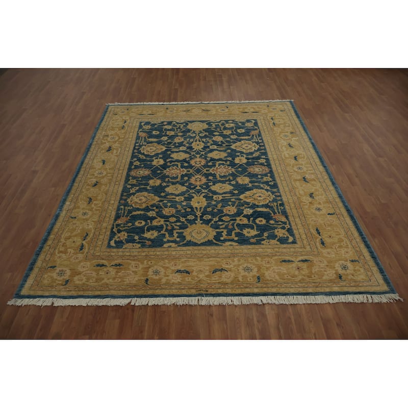 Hand Knotted Oriental 100% Wool Carpet Transitional Floral Navy Blue & Blues Oushak Area Rug - 9' 11'' X 8' 2''