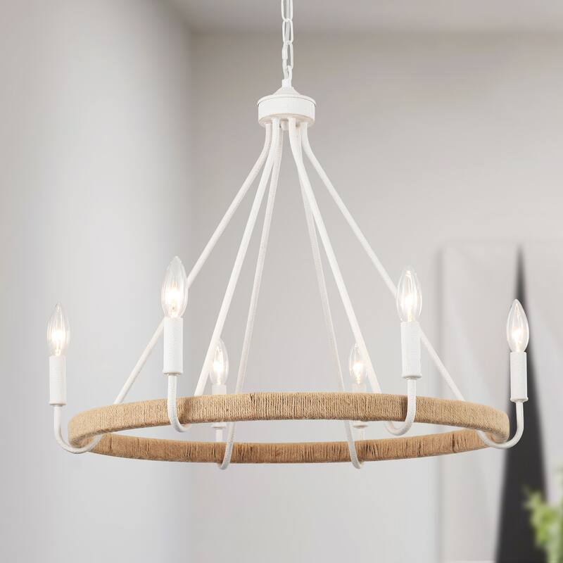 6-Light Candlestick Wagon Wheel Chandelier Hemp Rope Linear Chandelier Lighting Fixture for Kitchen Island - White and Brown