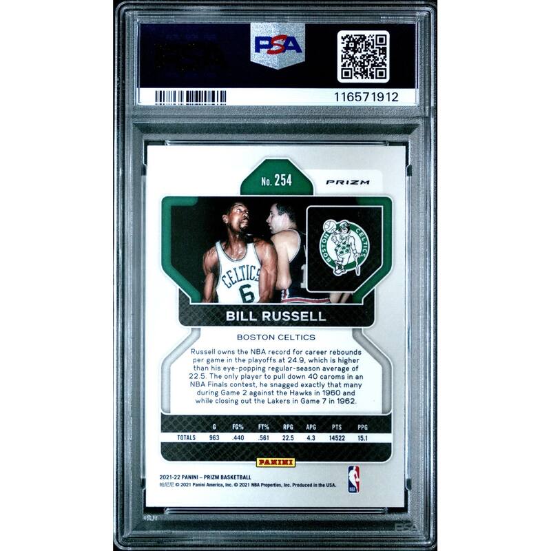 Bill Russell 2021 Panini Prizm Green Prizm Basketball Card #254 Graded PSA 10 - 8' x 11'