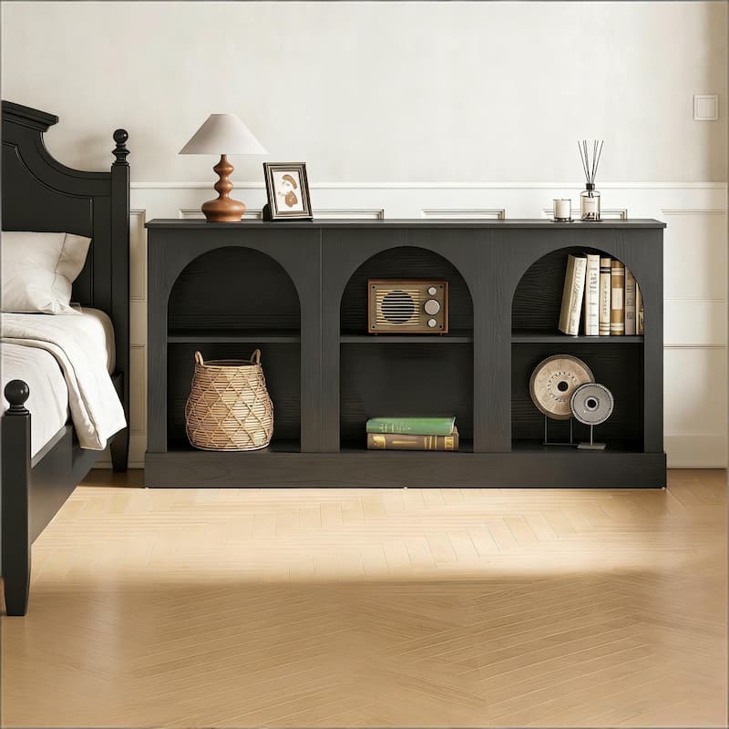 63" Rustic Arched Console Table with 3-Tier Open Shelving - Midnight Black