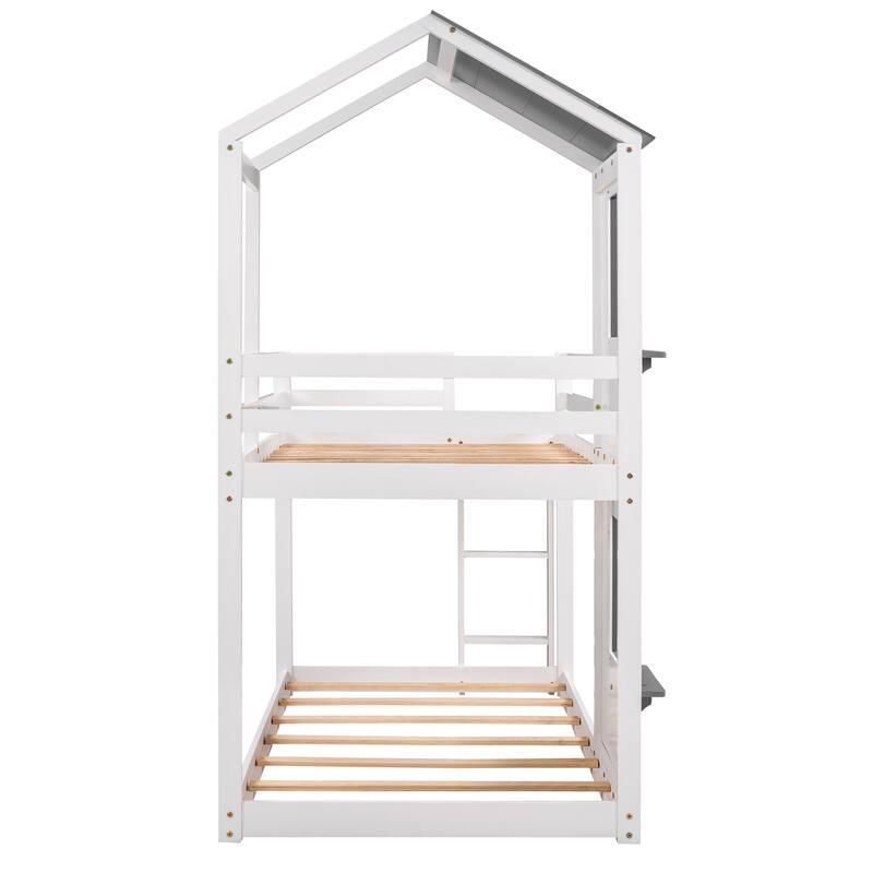 House Bunk Bed for Kids, Twin Over Twin Bunk Bed Frame, Wooden Floor Bunk Bed with Roof, Window, Guardrail, Ladder