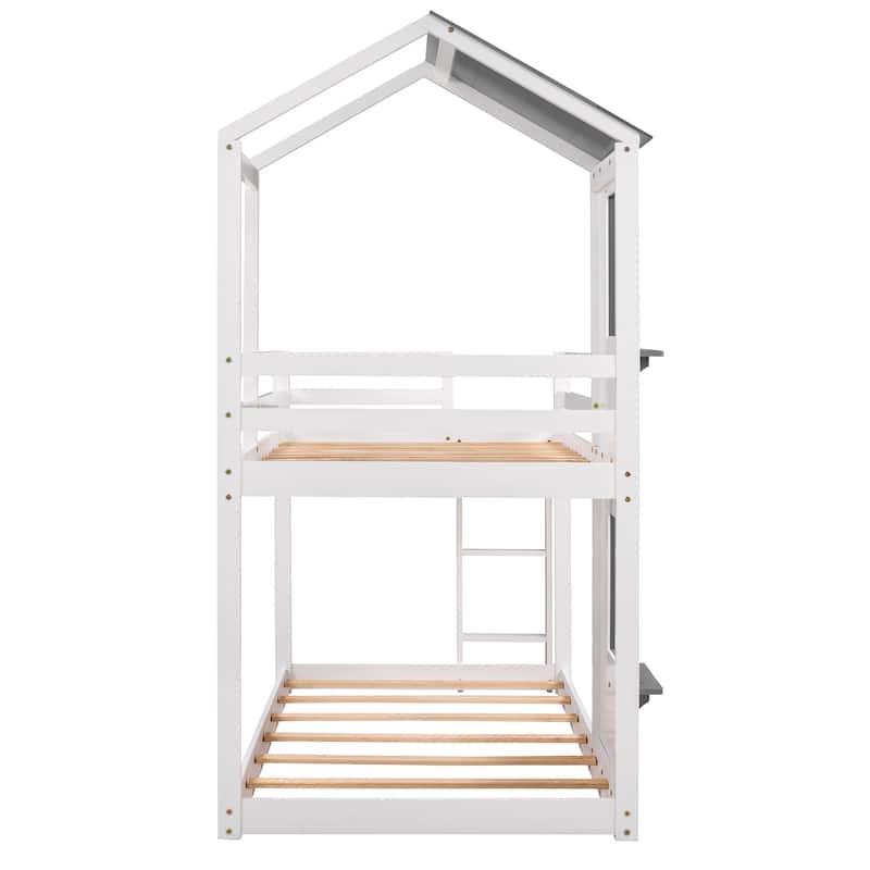 White Twin Over Twin Playhouse Bunk Bed with Roof, Window, Ladder & Guardrail - Space Saving Kids Bed