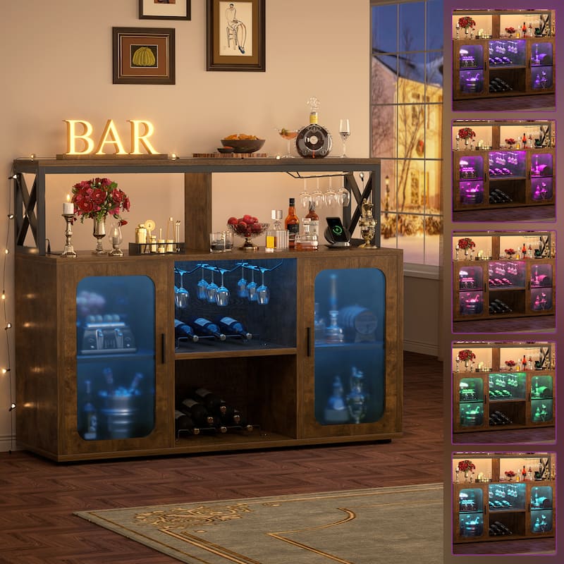 Buffet Sideboard Cabinet Wood Coffee Bar Cabinet with Charging Station and LED lights