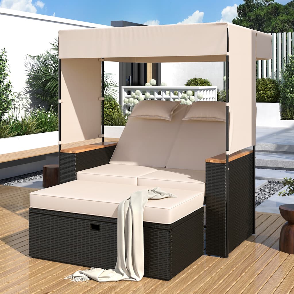 2-Piece Outdoor Rattan Daybed, Outdoor Bed with 5 Positions, Outdoor Loveseat Patio Sofa with Bench Lounge Roof Set and Cushions