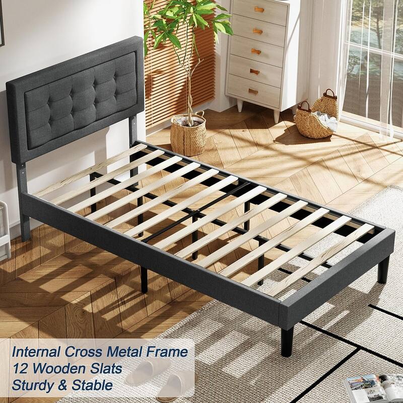 Strong Frame and Wooden Slats Support Bedframe，Platform Bed Frame with Linen Upholstered Headboard,Grey Bed Frames