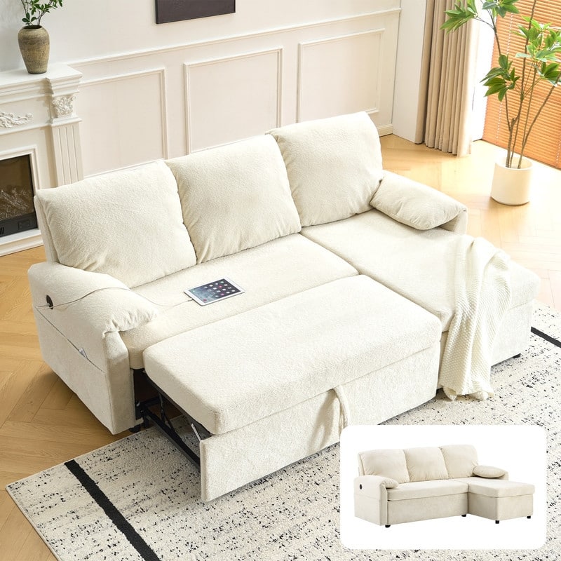 Modern L-Shaped Upholstered Velvet Sleeper Sectional Sofa bed with Chaise and Queen Pull Out Bed