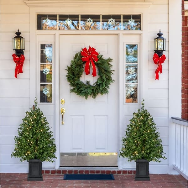 slide 2 of 10, Fraser Hill Farm 4-Ft. Boxwood Porch Tree in Black Pot with Warm White Lights, Set of 2