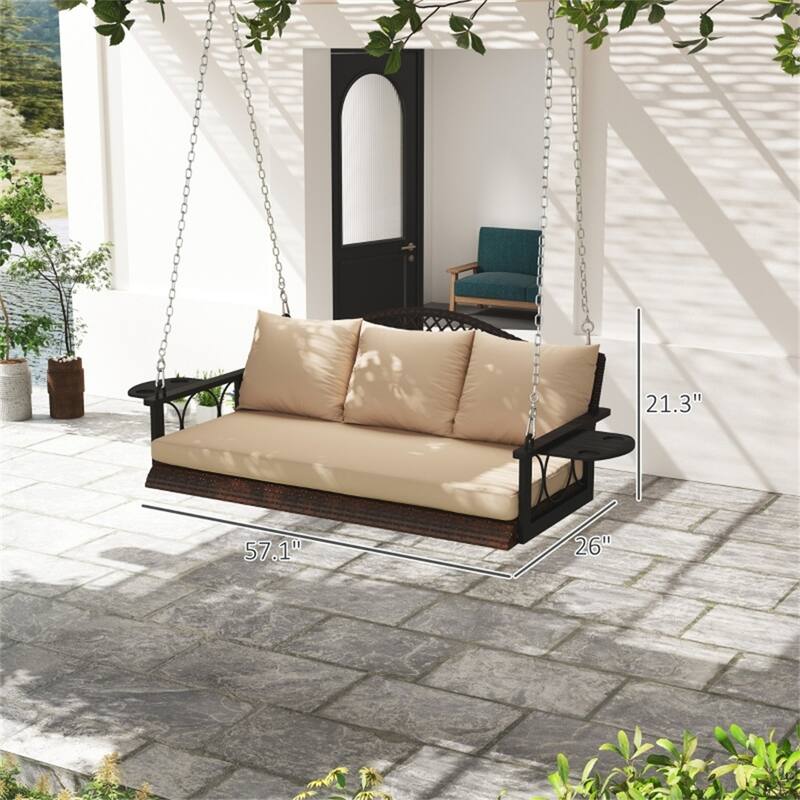 Outdoor Patio Swing Chair with Wide Seat and Removable Cushions - 57.1" L x 26" W x 21.3" H - Brown
