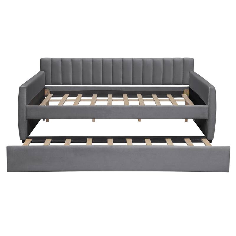 Full Size Upholstered daybed with Trundle and Wood Slat Support