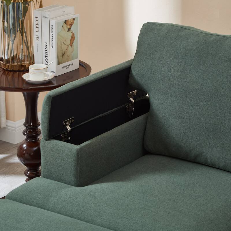 L Shaped 3 Seats Sofa with Armrest Organizer, Linen Sectional Sofa with Movable Ottoman, Comfy Upholstered 3 Seater Couch,