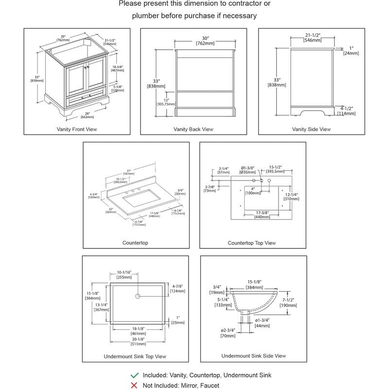 Blossom Copenhagen 30" Solid Wood Bathroom Vanity w/ Marble Top & Sink