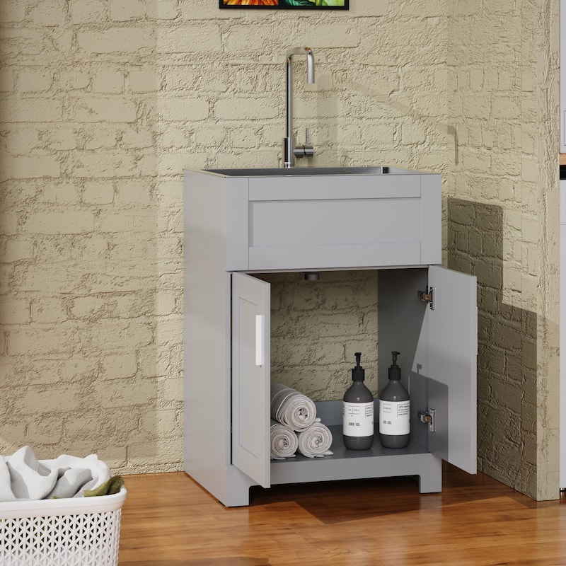 White Bathroom Vanity Cabinet Combo, 24 Inches, Ceramic Sink, Two-Door Storage, Easy Assembly