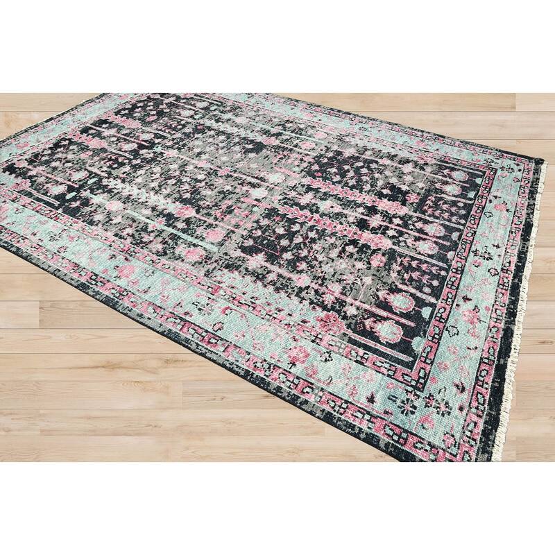 Hand Knotted Turkish Oushak Black Arts & Crafts 100% Wool Area Rug