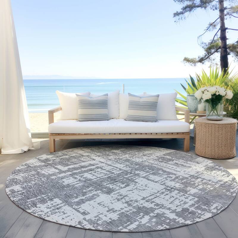 Machine Washable Indoor/ Outdoor Chantille Abstract Solid Rug - Gray - 8' x 8'