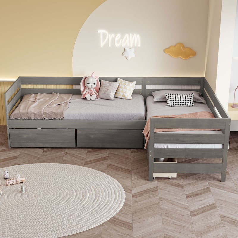 Twin Size L shaped Platform Bed with Three Storage Drawers