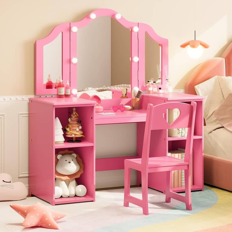 Kids Vanity Table, Princess Makeup Desk Set for Toddler