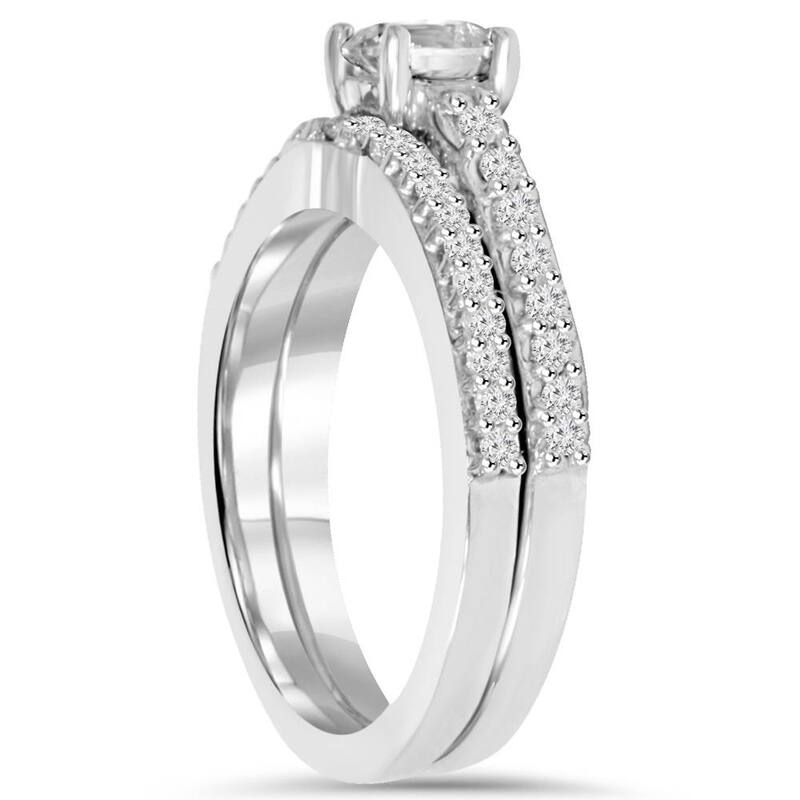 1ct Pave Diamond Engagement Wedding Matching Ring Set White Gold Round Cut