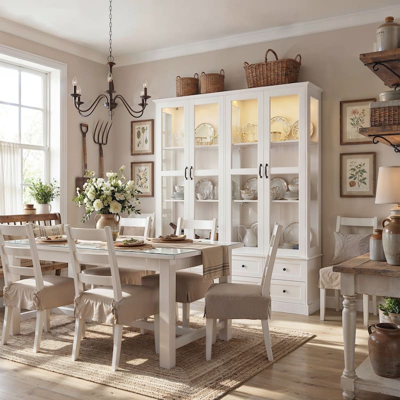 63" Lighted Glass Display Cabinet Curio Cabinet with Bluetooth LED Lights, White China Cabinet Storage for Living Room