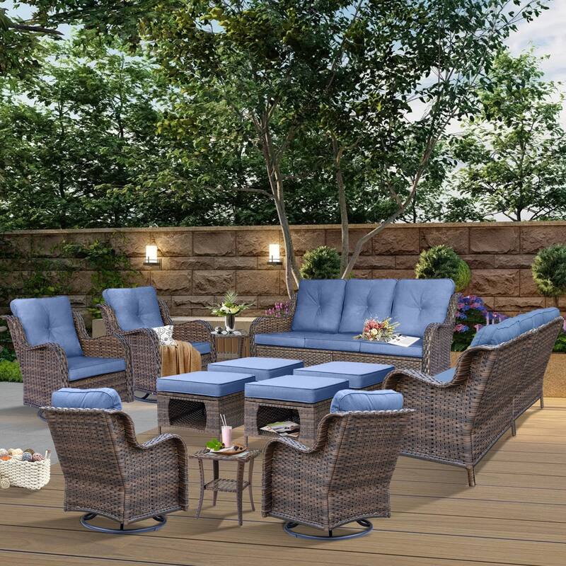 12 Piece Outdoor Wicker Patio Furniture Swivel Glider Chairs Set - Denim Blue-Brown Wicker
