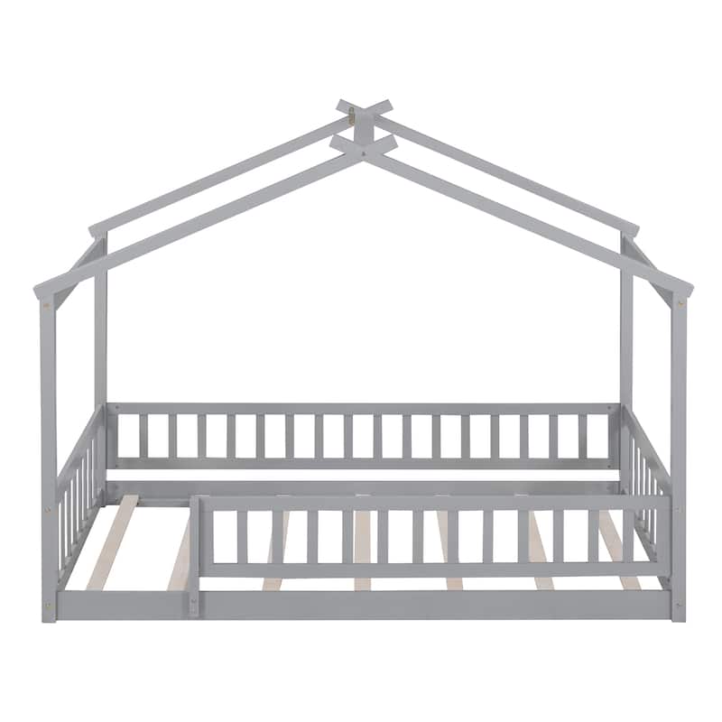Wood Bed House Bed Frame with Fence for Kids