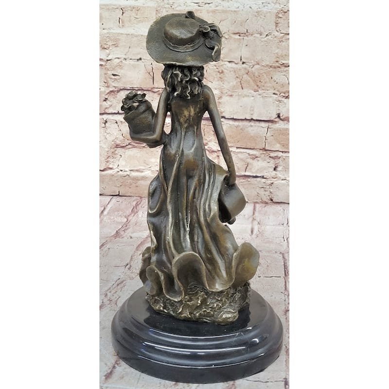 Young 19Th Century Girl Child In Hat W/ Watering Can - Bronze Sculpture By Jean Patoue