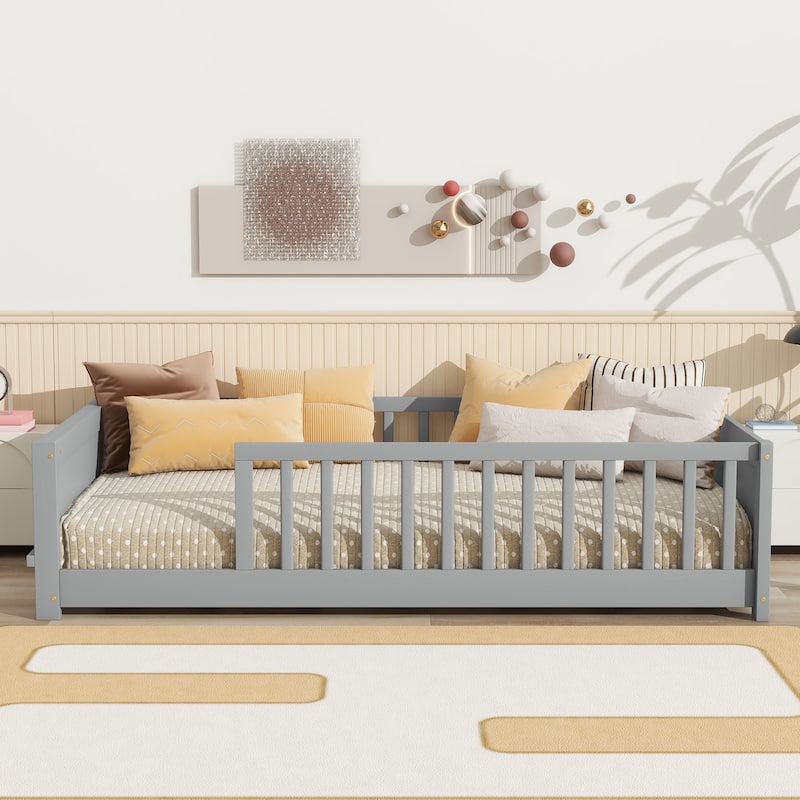 Twin Floor Bed with Built-in Bookcase Rubber Wood Low Profile Platform Bed