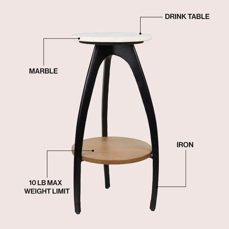 Ollie 24.5" Metal Tripod End Table w/ Marble Top & Wood Undershelf, By JONATHAN Y