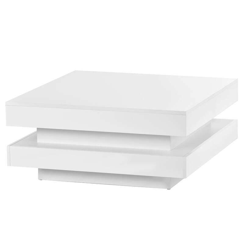 Modern High Gloss Square Coffee Table with LED Light, 2-Tier Center Table for Living Room
