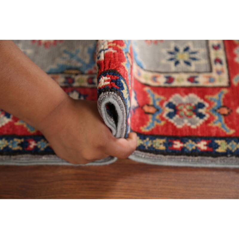 Geometric Kazak Oriental Accent Rug Handmade Grey Wool Carpet - 2'0"x 2'11"