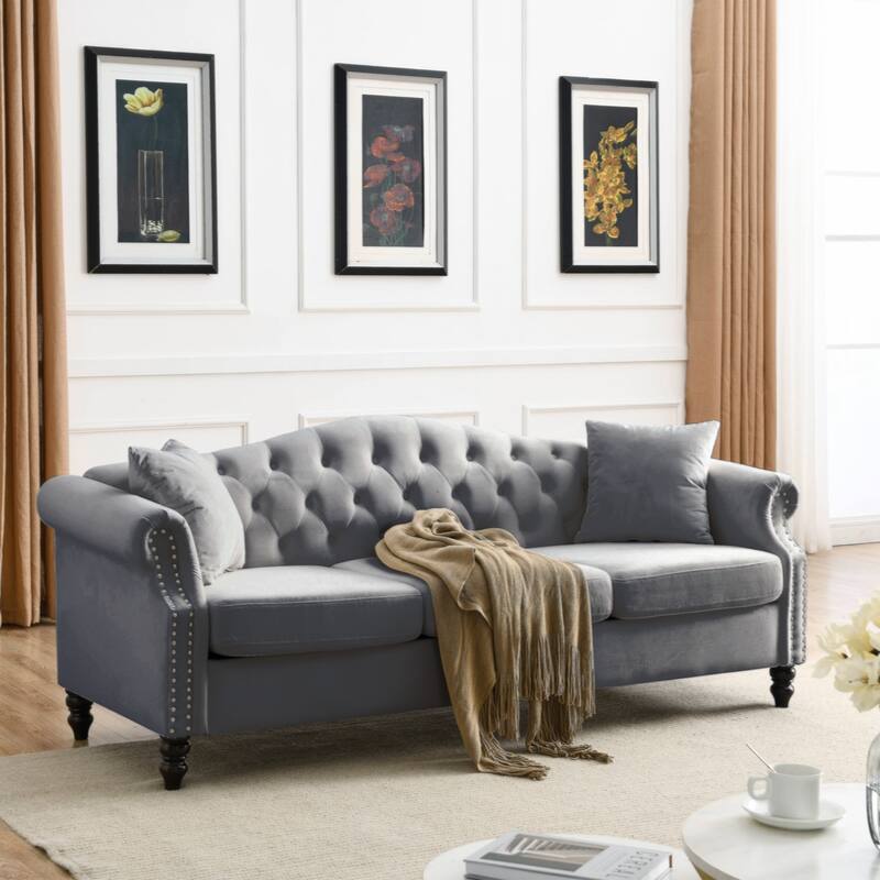 79" Chesterfield Sofa Grey Velvet for Living Room, 3 Seater Sofa Tufted Couch with Rolled Arms and Nailhead - Grey