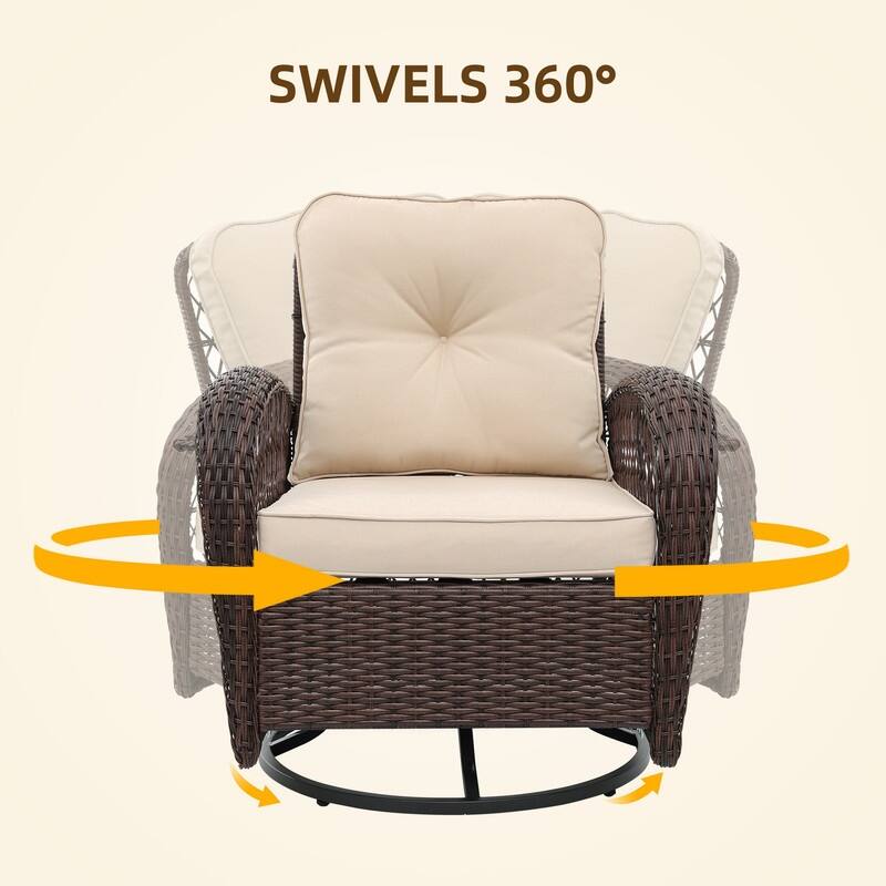 Patio Watcher 2-Piece Outdoor Brown Rattan 360 Degree Swing Patio Conversation Chair Set with Cushions