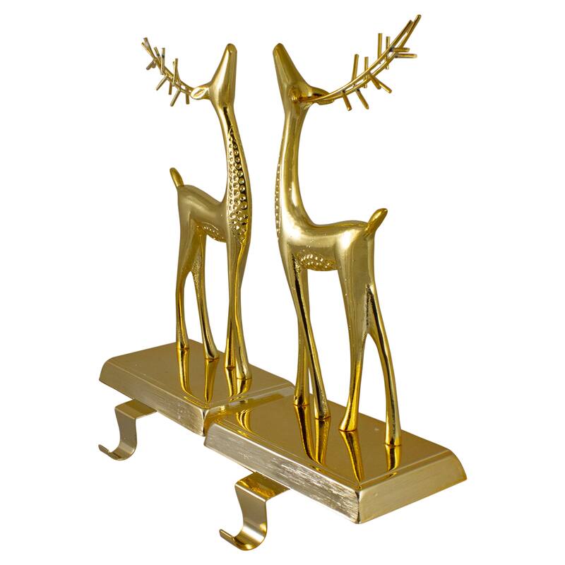 Set of 2 Gold Standing Reindeer Christmas Stocking Holders 9.75"