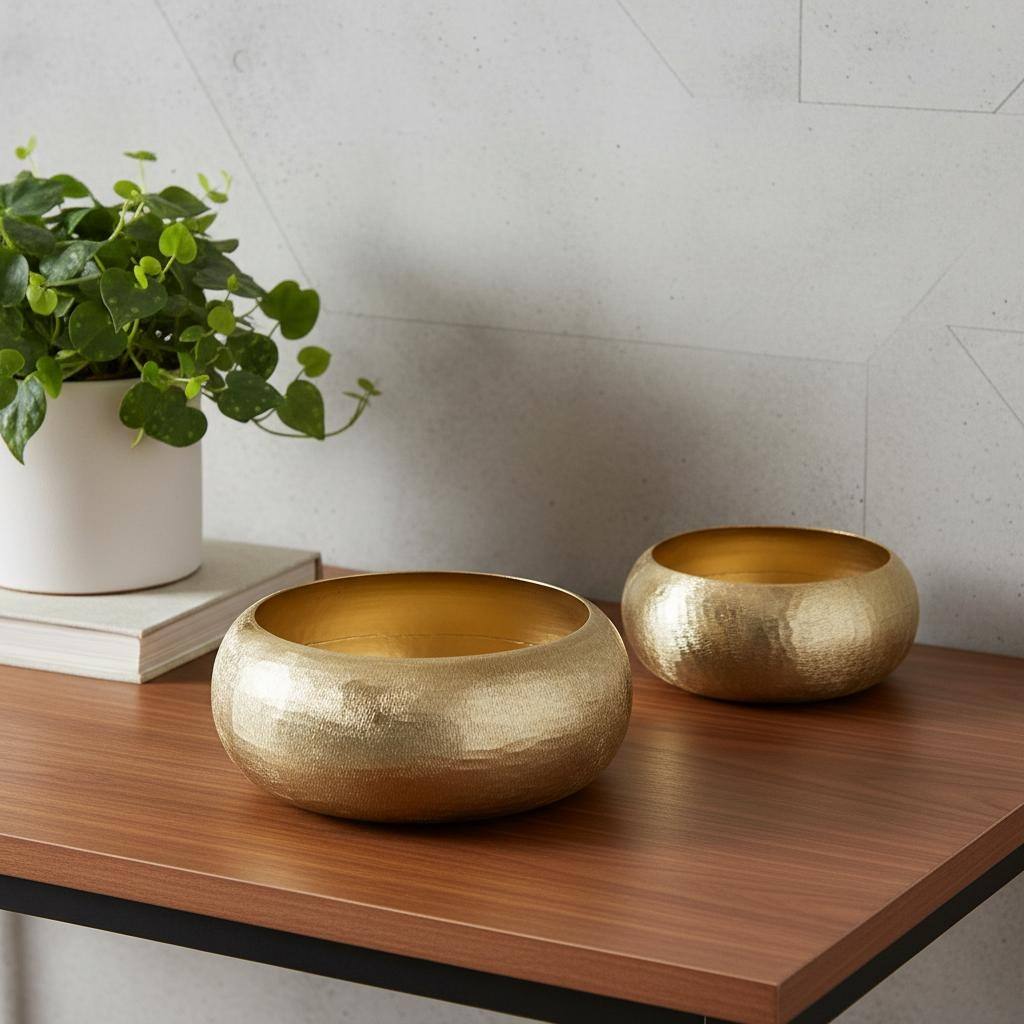 HomeRoots Set of Two Gold Aluminum Hammered Round Centerpiece Bowls - 11.80 in. x 4.90 in. x 11.80 in.