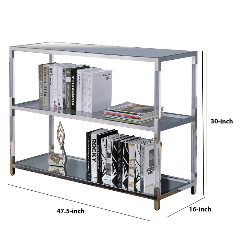 Metal and Glass Sofa Table with 2 Open Shelves, Silver and Clear