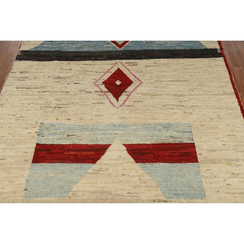 Geometric Moroccan Oriental Area Rug Handmade Beige Wool Carpet - 6'11" x 9'4"