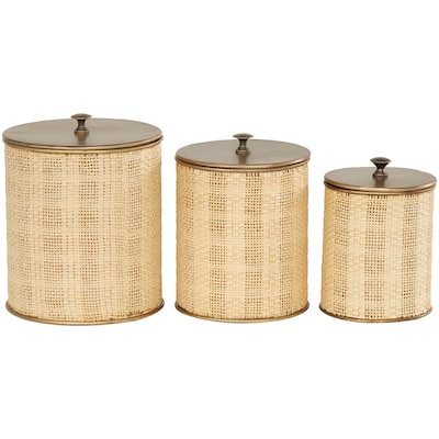 Metal Handmade Woven Decorative Jars with Bronze Metal Lids - Set of 3 Beige - Roche River Decor - 7"W x 7"L x 9"H